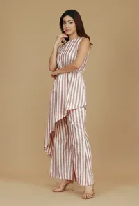 Set of 2  Rose & Ivory Striped Asymmetric Top with Matching Pants image 2