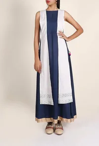 Imperial Blue Rayon Maxi Dress With White Cotton Tie Up Overlay Set Featuring Floral Block Printing Set image 2