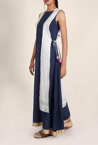 Imperial Blue Rayon Maxi Dress With White Cotton Tie Up Overlay Set Featuring Floral Block Printing Set image 3