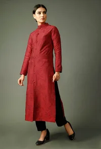 Thread Embroidered Maroon Raw Silk Jacket image 1