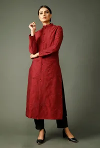 Thread Embroidered Maroon Raw Silk Jacket image 2