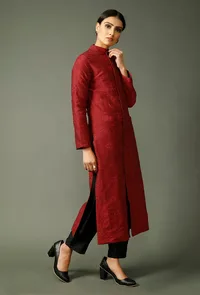 Thread Embroidered Maroon Raw Silk Jacket image 3