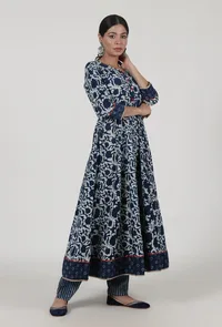 Set Of 2: Indigo Printed Blue Cotton Anarkali & Pant Set image 2