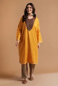 Raw Sienna Kashmiri Sozni Embroidery Phiran-Free Size image 1