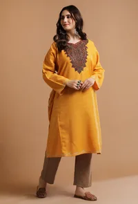 Raw Sienna Kashmiri Sozni Embroidery Phiran-Free Size image 2