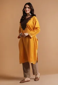 Raw Sienna Kashmiri Sozni Embroidery Phiran-Free Size image 3