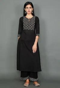 Black Kurta With Kantha Embroidered Yoke image 1