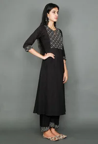 Black Kurta With Kantha Embroidered Yoke image 2