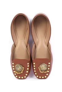 Tan Delight: Golden Chandbali Jutti with Yellow Dots image 2