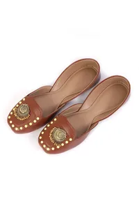 Tan Delight: Golden Chandbali Jutti with Yellow Dots image 3