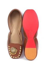 Tan Delight: Golden Chandbali Jutti with Yellow Dots image 4