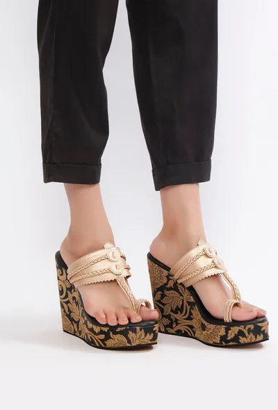 Sangeet Brocade & Gold Kolhapuri Inspired Wedges
