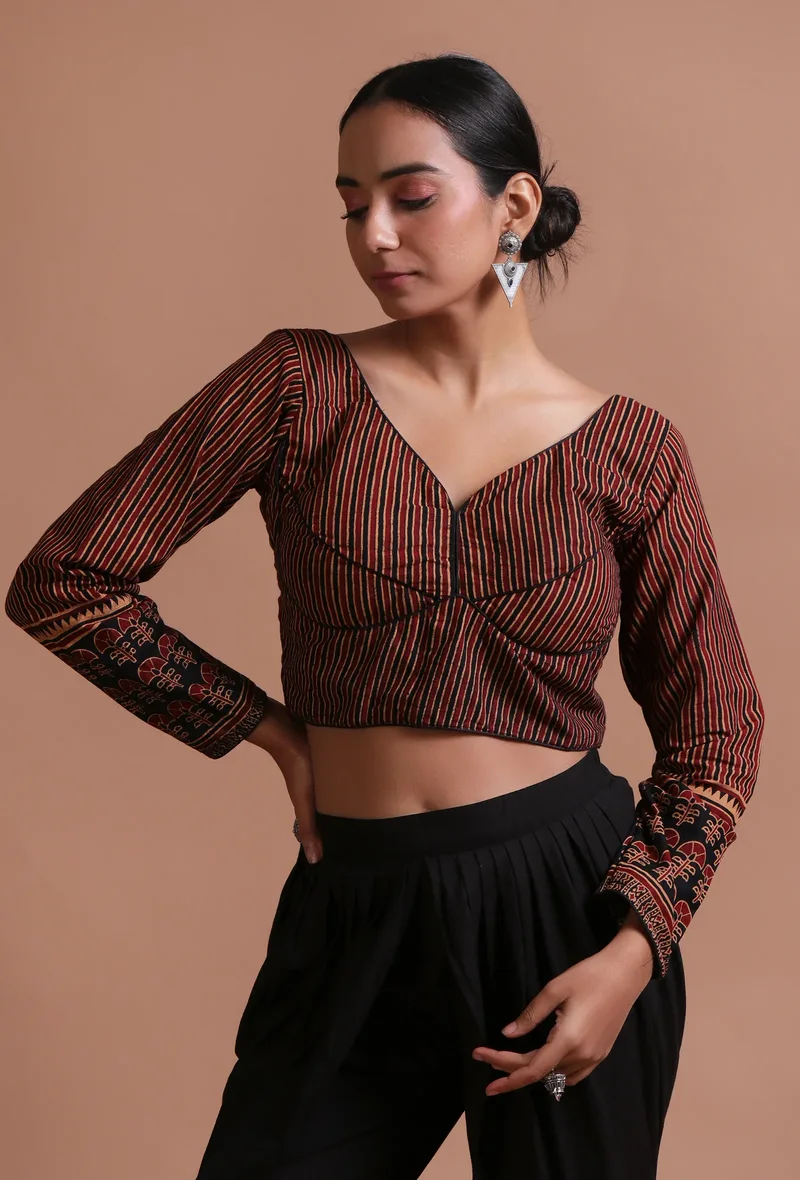 Black Cotton Ajrakh Printed Full Sleeve Blouse