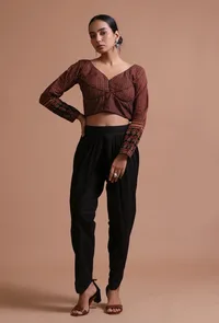 Black Cotton Ajrakh Printed Full Sleeve Blouse image 2