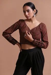 Black Cotton Ajrakh Printed Full Sleeve Blouse image 3