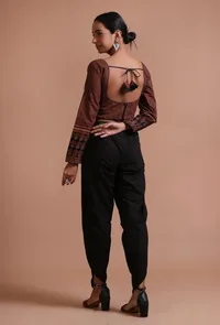 Black Cotton Ajrakh Printed Full Sleeve Blouse image 4