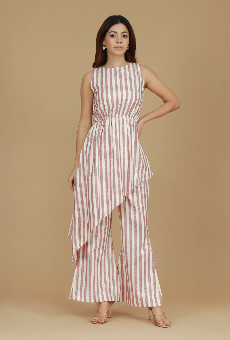 Rose & Ivory Striped Asymmetric Cotton Viscose Top