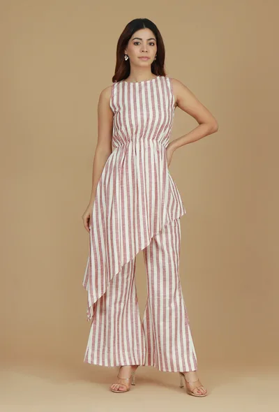 Rose & Ivory Striped Asymmetric Cotton Viscose Top