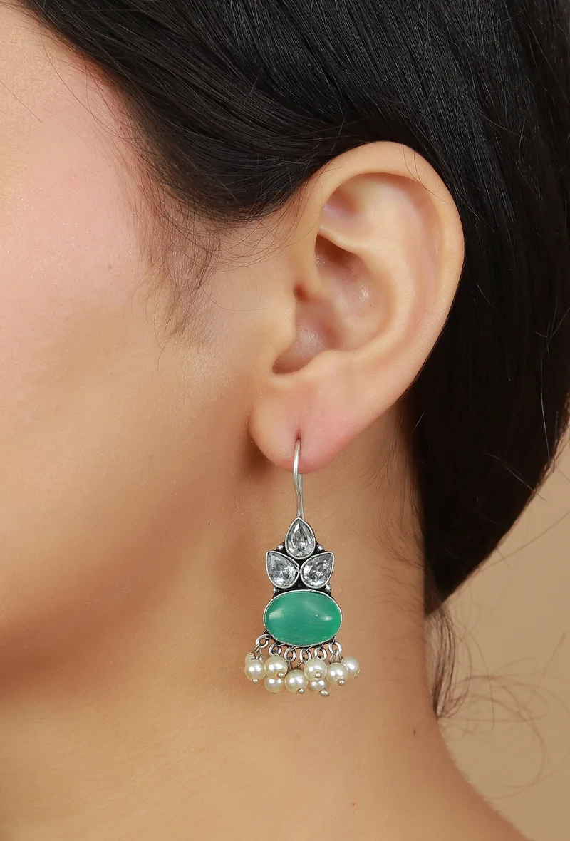 Pearl Cascade with Green Stone Earrings