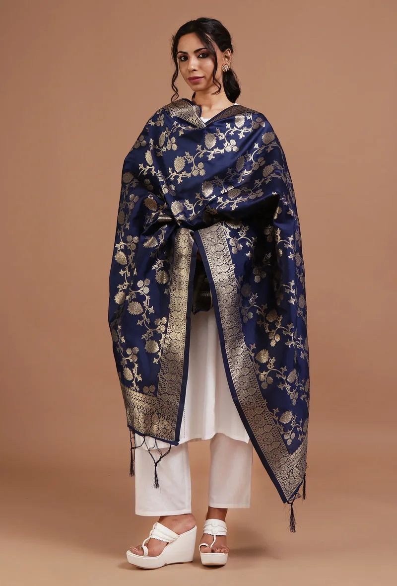 Navy Blue Color Semi Silk Dupatta With Zari Weaving