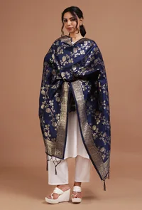 Navy Blue Color Semi Silk Dupatta With Zari Weaving image 1