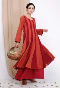 Maroon and Rust Orange Cotton Anarkali Kurti image 1