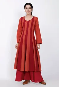 Maroon and Rust Orange Cotton Anarkali Kurti image 2