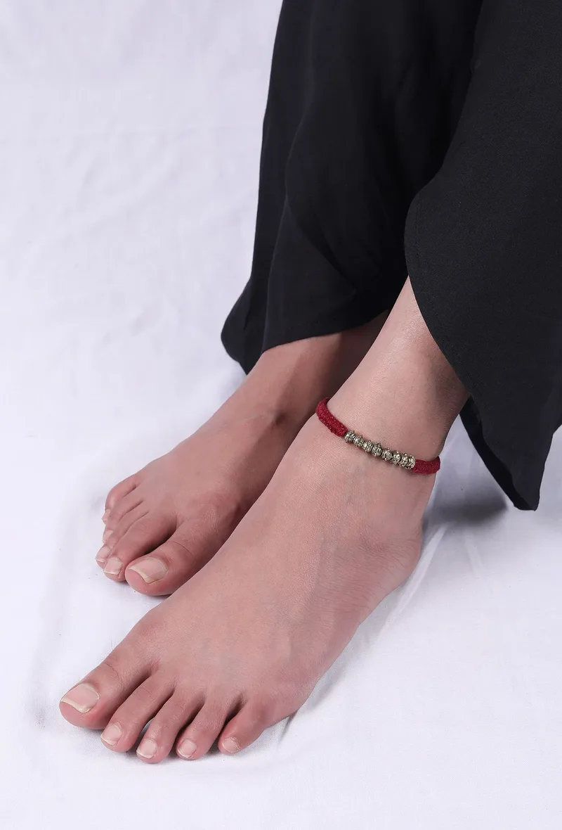 Set Of 2: Garnet Pink Thread & Antique Plated Brass Beaded Anklets