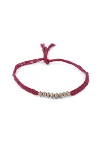 Set Of 2: Garnet Pink Thread & Antique Plated Brass Beaded Anklets image 2