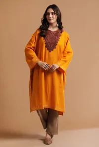 Yellow Orange Kashmiri Sozni Embroidery Phiran-Free Size image 1