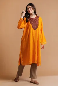 Yellow Orange Kashmiri Sozni Embroidery Phiran-Free Size image 2