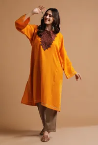 Yellow Orange Kashmiri Sozni Embroidery Phiran-Free Size image 3