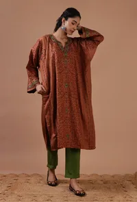 Salmon Woolen Sozni Embroidered Phiran- Free Size image 1