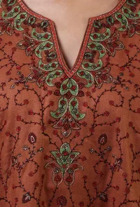 Salmon Woolen Sozni Embroidered Phiran- Free Size image 5