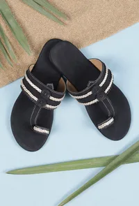 Black Cruelty free Leather inspired Kolhapuri with Golden Braidings image 2