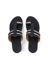 Black Cruelty free Leather inspired Kolhapuri with Golden Braidings image 3