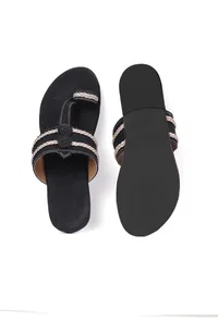 Black Cruelty free Leather inspired Kolhapuri with Golden Braidings image 4