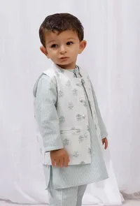 Green Floral Block Printed Nehru Jacket image 2