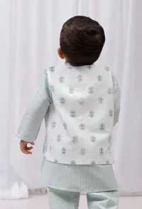 Green Floral Block Printed Nehru Jacket image 3