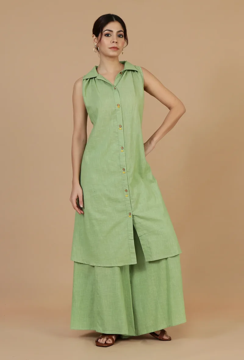 Set of 2: Light Green Sleeveless Shirt Kurta & Flared Palazzo Pants