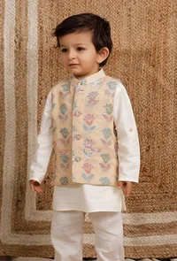 Peach Brocade Nehru Jacket image 1