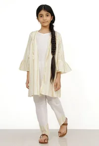 Set of 3: Sand White Cotton Slip Kurta with Stripe Pants and Cape image 1