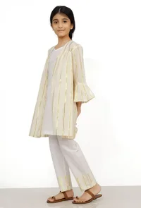 Set of 3: Sand White Cotton Slip Kurta with Stripe Pants and Cape image 3