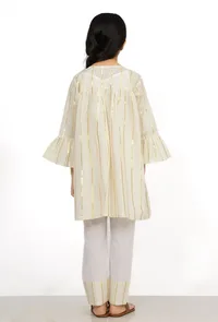 Set of 3: Sand White Cotton Slip Kurta with Stripe Pants and Cape image 4