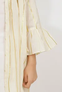 Set of 3: Sand White Cotton Slip Kurta with Stripe Pants and Cape image 6