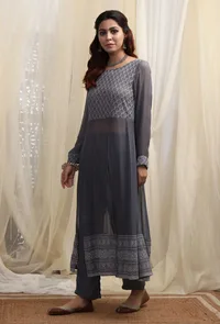 Anchor Grey Boat Neck Front Slit Kurta image 3