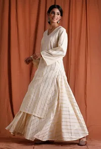 Off White Golden Cotton Kurta image 3