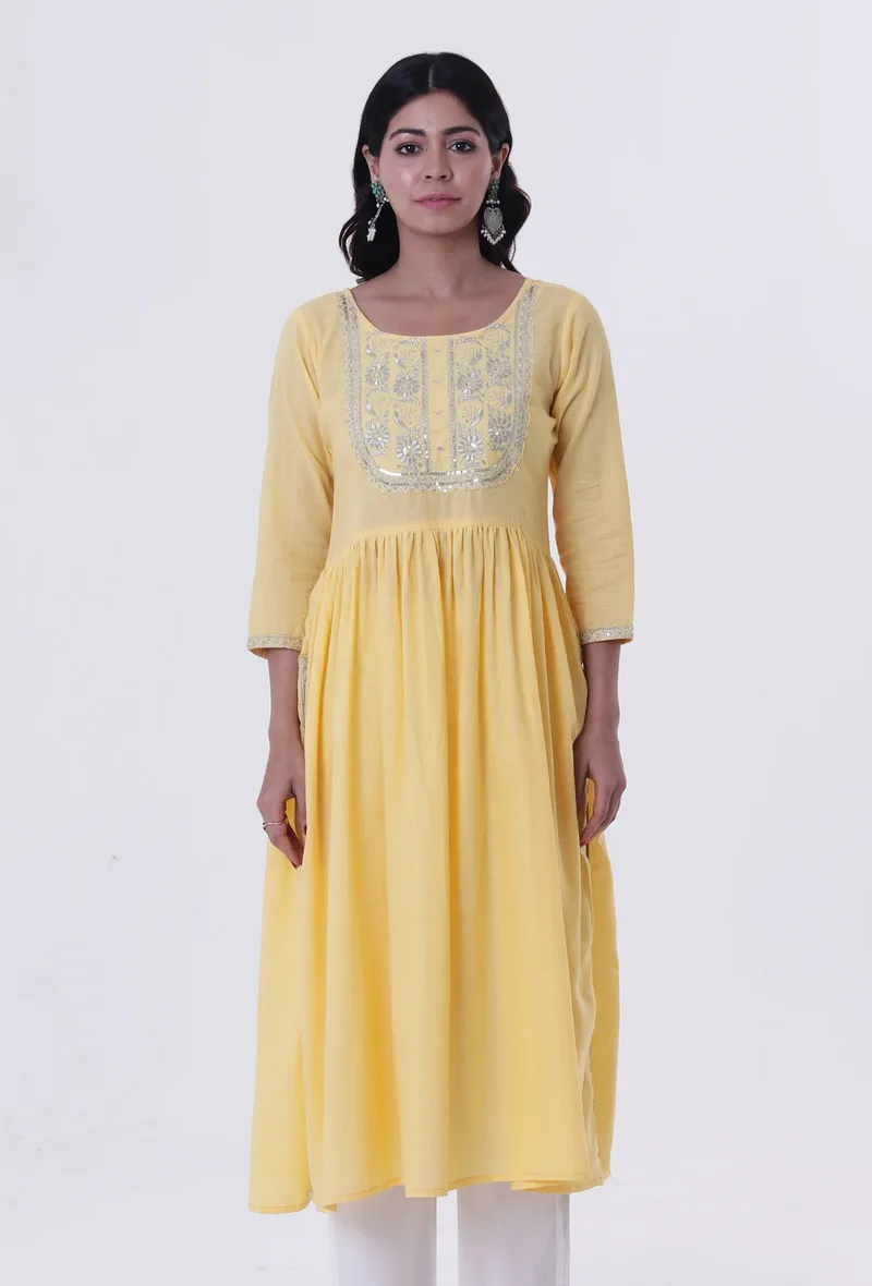 Yellow & White Cotton Block Printed Kurta