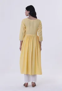 Yellow & White Cotton Block Printed Kurta image 3