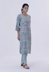 Blue Cotton Kurta With Multicolor Motif image 2